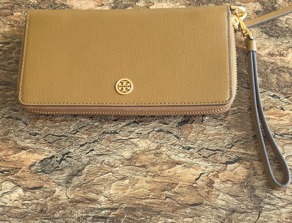 Tory Burch Brown Leather Zip Continental Wallet Wristlet Gold Double T+ Dust Bag